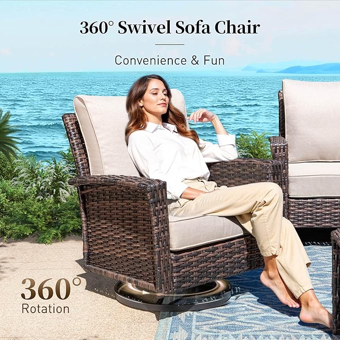 6 Pieces Patio Furniture Set with Swivel Chairs, High Back Wicker Rattan Sofa with Extra Thick Cushion and Coffee Table, Outdoor Conversation Set for Garden Backyard Deck,Beige