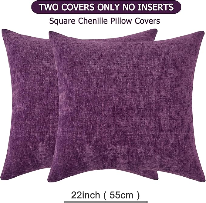 GAWAMAY Decorative Square Throw Pillow Covers 22x22 Inch Set of 2, Super Soft Chenille Pillows Farmhouse Fall Pillowcase for Living Room Bedroom Sofa Couch Cushion Cover Purple 55x55cm (No Insert)