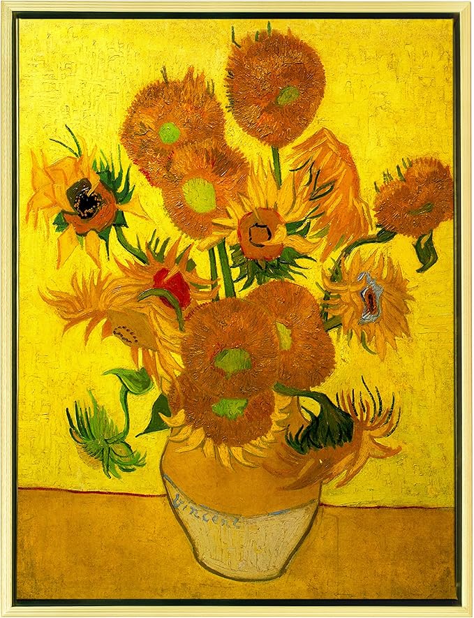 Wieco Art Framed Canvas Wall Art Vase with Fifteen Sunflowers by Van Gogh Classic Oil Paintings Abstract Flowers Canvas Prints for Home Decor Modern Framed Floral Picture Artwork