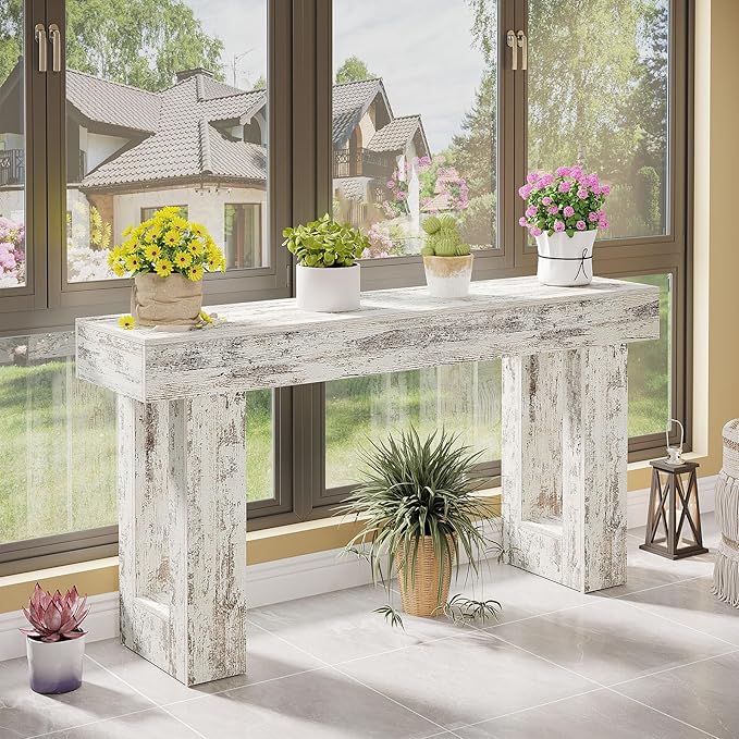 Tribesigns 63-Inch Long Console Table, Wooden Rectangular Sofa Table Behind The Couch, Farmhouse Entryway Table for Entrance, Hallway, Living Room (Distressed White)