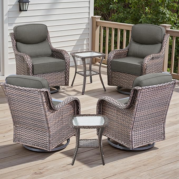 Rilyson 6 Piece Outdoor Patio Swivel Rocker Chairs, Waterproof Wicker, High Back, Deep Seating, Wide Armrest, Upgraded 6 inch Thick Cushions, Side Table, Ideal for Deck Porch Yard, Brown/Grey