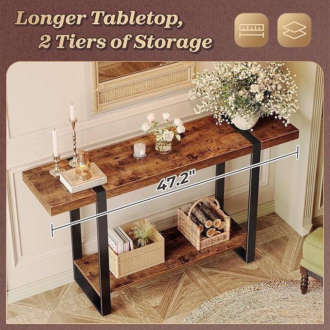 Huuger 47.2 Inch Entryway Table, 2-Tier Industrial Console Sofa Table, Accent Table with Storage, for Entry, Hallway, Entrance, Foyer, T-Shaped Metal Frame, Rustic Brown