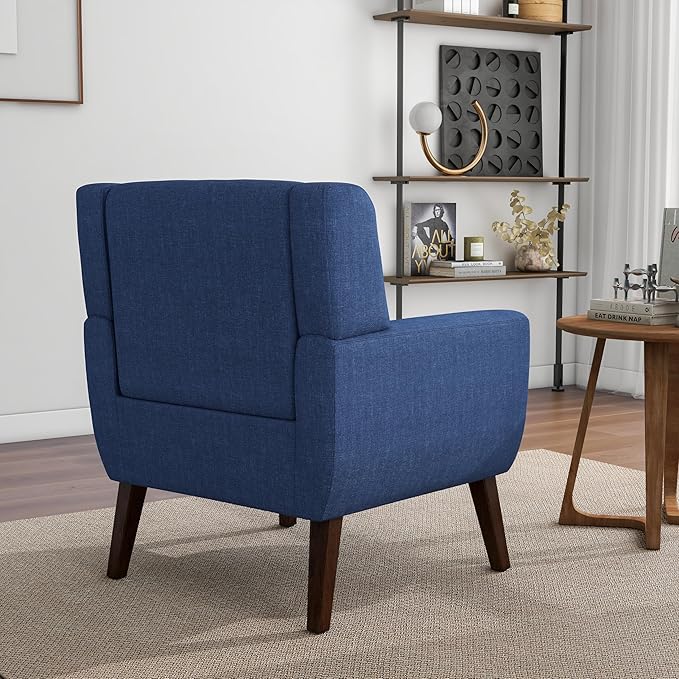 Accent Chair, Mid-Century Modern Fabric Chairs with Arms for Living Room, Comfy Upholstered Club Single Sofa Armchair for Bedroom Waiting Room with Solid Wood Frame (Fabric Navy Blue, Set of 1)