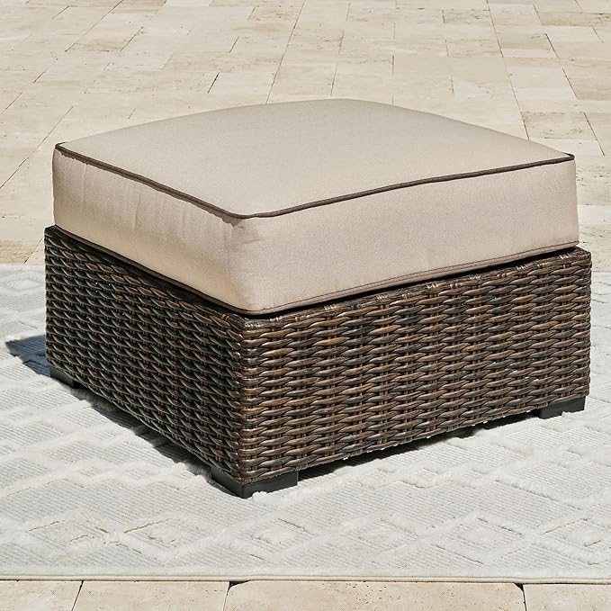 Signature Design by Ashley Coastline Bay Outdoor Patio Nuvella Weather Resistant Fabric, Resin Wicker Ottoman with Cushion, Beige & Dark Brown
