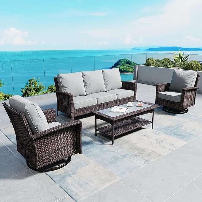 Patio Furniture Set with Swivel Chairs, High Back Wicker Rattan Furniture with 5.5" Thick Cushions and Coffee Table, Outdoor Conversation Set for Backyard Deck,5 Seats, Grey