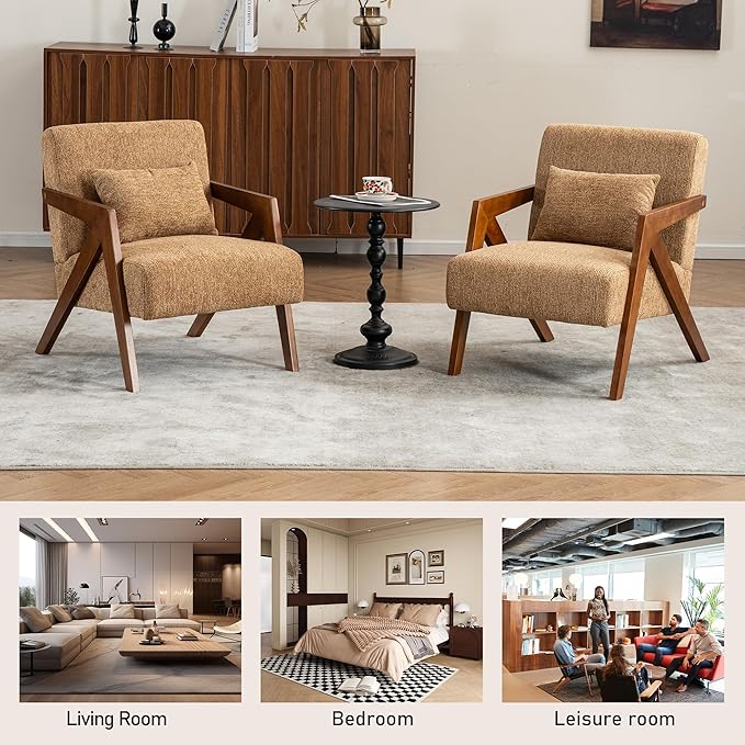 Mid Century Modern Accent Chair with Solid Wood Frame,Upholstered Chenille Living Room Arm Chairs with Pillow for Bedroom, Living Room, Reading Room, Balcony (2, Yellow)