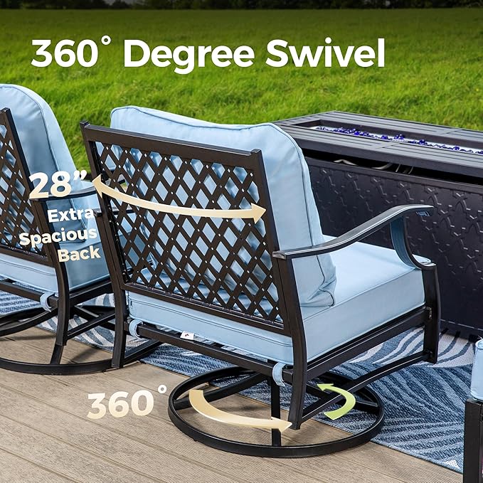 Patio Furniture Set 5 pcs, Outdoor Patio Furniture, 3-Seat Sofa, 2 Swivel Chairs, 2 Ottomans and 5.75" Extra Thick Cushion, Patio Conversation Set for Garden Backyard Deck,Blue