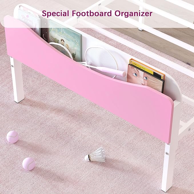 Timy Kids Twin Bed Frame with Bookcase Headboard and Footboard, Metal Platform Bed Frame for Boys Girls Teens, No Box Spring Needed, White and Pink