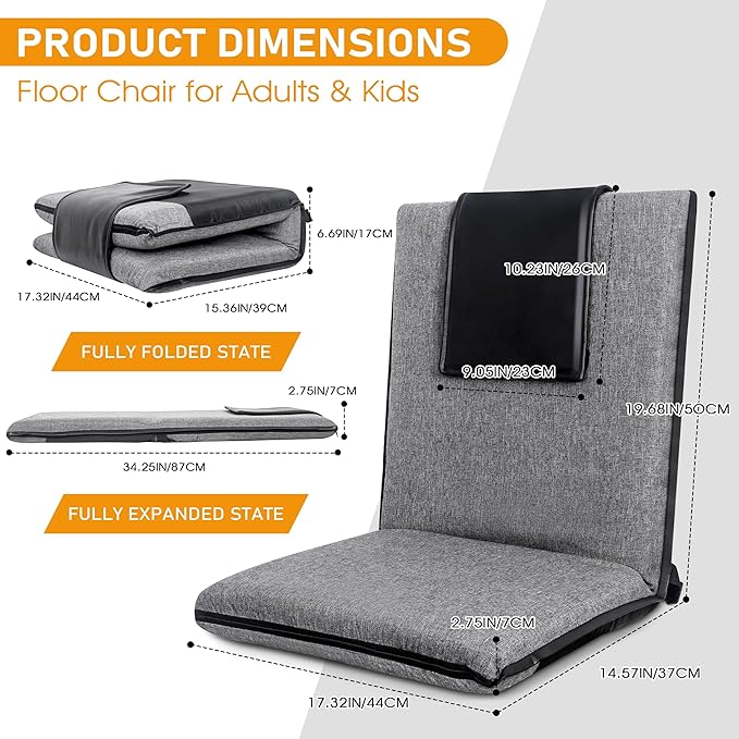 Floor Chair with Back Support 14-Position Adjustable Floor Chair Portable Ground Seating for Adults & Kids Foldable Meditation Seat with Japanese KOYO Bearings & Washable Linen Cover (Grey)