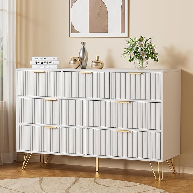 Dresser for Bedroom, Modern Fluted 47.2" Wide Chest of Drawers with Gold Pulls and 7 Drawers, 15.7" D x 47.2" W x 31.4" H, White