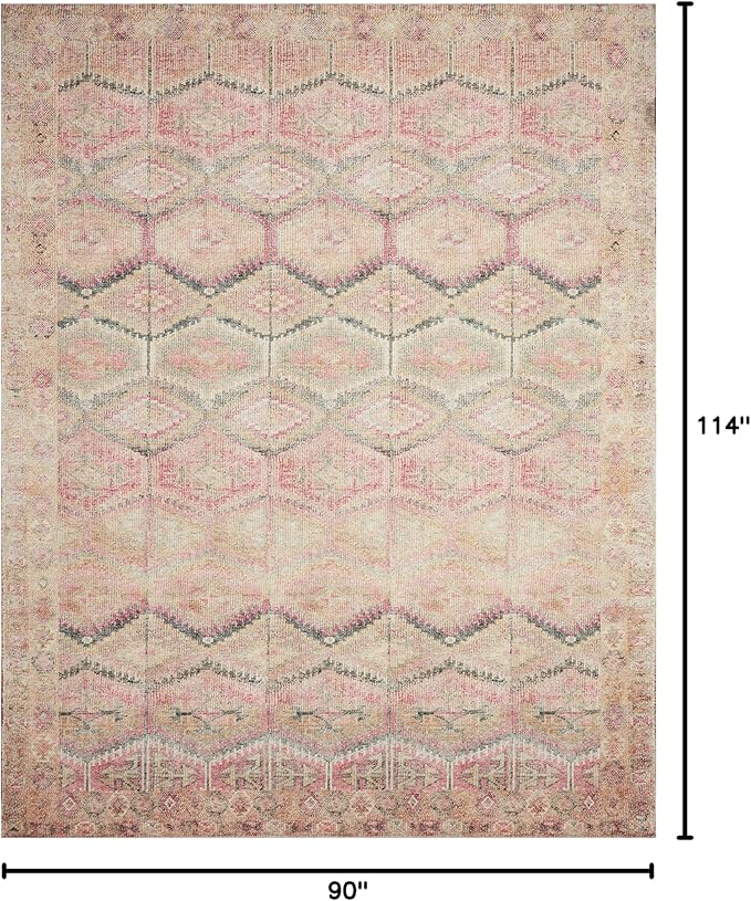 Loloi Layla Collection LAY-17 Pink/Lagoon 7'-6" x 9'-6" .13" Thick Area Rug, Soft, Durable, Vintage Inspired, Distressed, Low Pile, Non-Shedding, Easy Clean, Printed, Living Room Rug