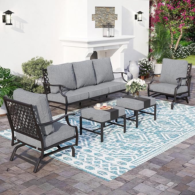 7 Piece Metal Outdoor Patio Furniture Set, Patio Conversation Sets 3-seater Sofa, 2 Rocking Chair, 2 Ottomans with 5.75" Thick Cushion, Black All-weather Frame Backyard Furniture, Gray