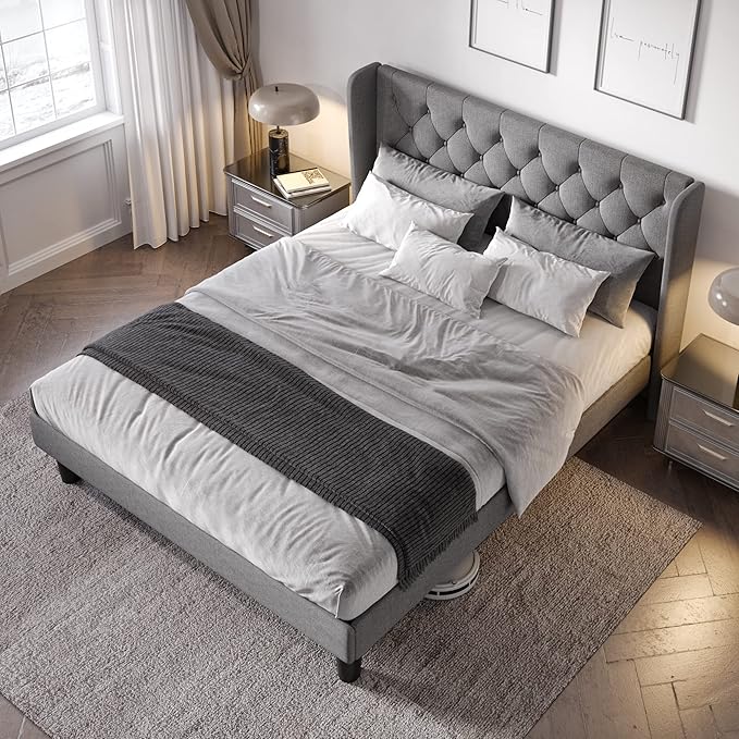 Allewie Full Size Bed Frame with Button Tufted Wingback Headboard, Modern Fabric Upholstered Platform Bed Frame with Strong Wood Slat Support, No Box Spring Needed, Easy Assembly, Light Grey