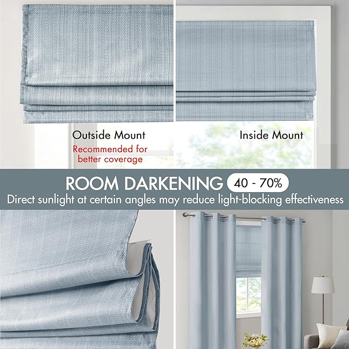 Madison Park Galen Cordless Roman Shade, 31"W x 64"H, Sheen Blue – Room Darkening, Thermal Insulated, Energy Efficient Window Blind with Subtle Sheen Basketweave Fabric for Privacy