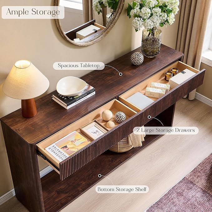 OKD 63" Fluted Console Table for Entryway, Modern Entryway Table with 2 Large Drawers, Long Sofa Table Behind Couch for Living Room, Hallway, Couch, Foyer,Dark Walnut