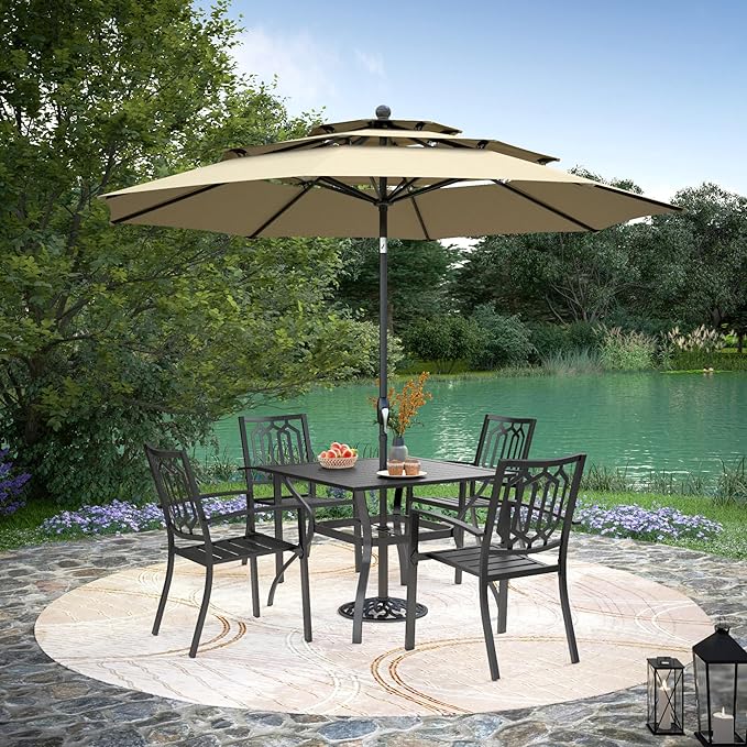 PHI VILLA Set of 4 Stackable Wrought Iron Patio Dining Chairs, Portable Black Outdoor Bistro Deck Metal Chairs, Support 300 lbs, Ideal for Garden, Backyard, Lawn