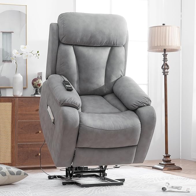 Power Lift Chair Recliners for Elderly, Leathaire Modern Adult Power Lift Chair Overstuffed Electric Lift Recliner Chair with Side Pocket for Living Room Bedroom (Light Gray)