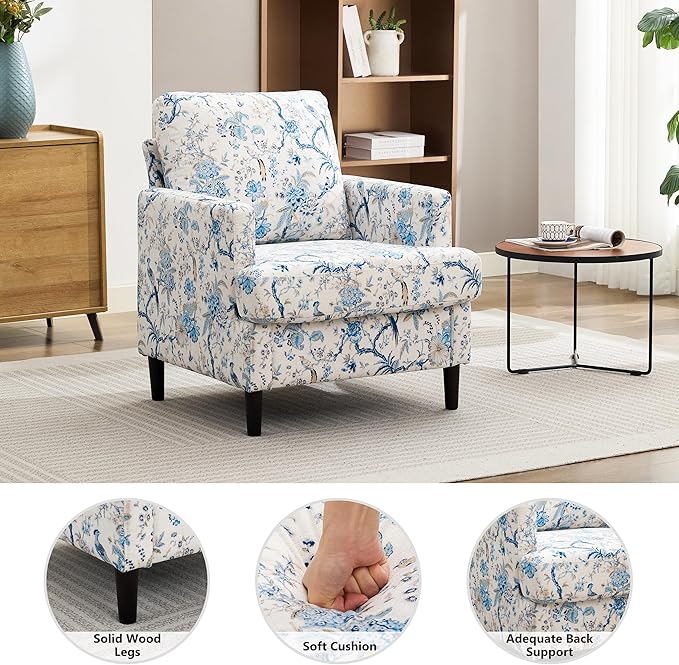 Mid-Century Accent Chair,Modern Linen Fabric Armchair for Living Room,Comfy Upholstered Reading Accent Chairs for Bedroom,Single Sofa Chair with Wood Legs (Blue Flowered Bird, 1 Pack)