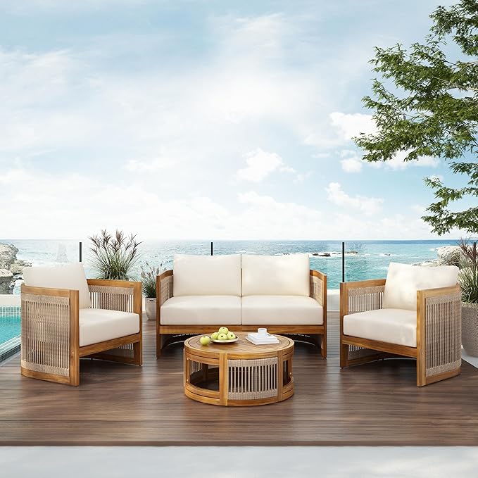 Christopher Knight Home Nesbit 4 Pieces Conversation Set, Acacia Wood Chat Set, Woven Rope Loveseat and Accent Chairs, Slat Panel Coffee Table, Patio Furniture Set for Backyard Balcony Garden, Beige