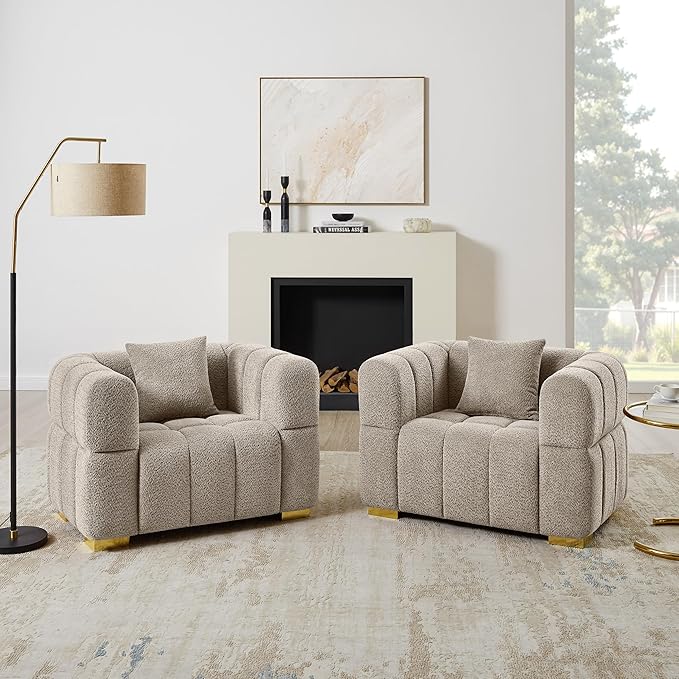 VANOMi Oversized Accent Chairs Set of 2, Boucle Arm Chair with Deep Seat, Oversized Comfy Reading Chair for Living Room, Bedroom, Office, Apartment,Camel (2 Piece)