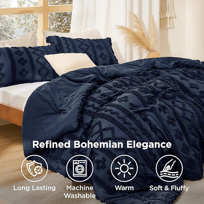 Bedsure Tufted Boho Comforter Set Queen Size - Navy Boho Bed Set, GentleSoft™ 3 Pieces Farmhouse Shabby Chic Embroidery Bedding, Gifts for Woman, Soft Jacquard Queen Comforter for All Seasons