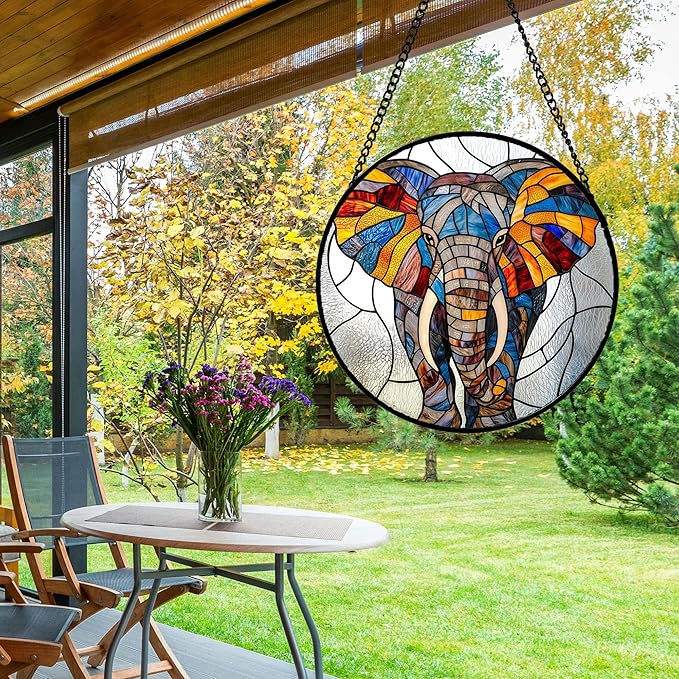 Stained Glass Window Hanging, Colorful Elephant Sun Catcher for Door Home Decor Animal Suncatcher Christmas Mother's Day Birthday Gifts for Women Men Mom and Nana 9.8 in