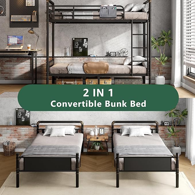 Metal Bunk Bed Twin Over Twin, Industrial Bunkbeds Heavy Duty Bed with Safety Guard Rails and Space-Saving Design, Steel Bed for School, Bedroom (Black)