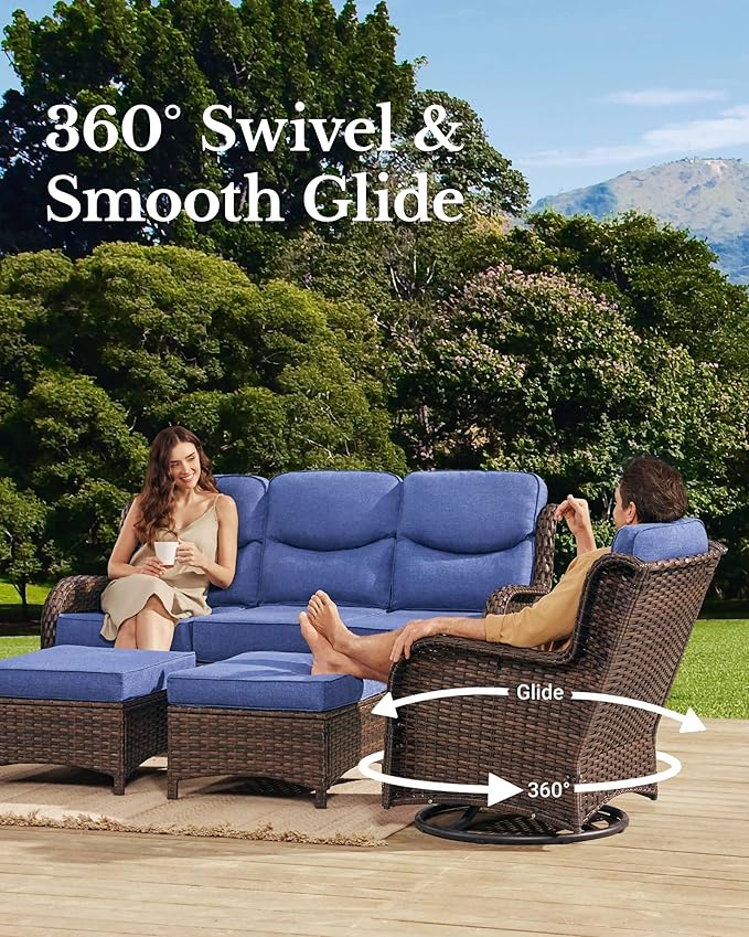HILLGA Luxury Patio Furniture Set with 6-inch Thick Cushion, Outdoor Sectional Sofa and High Back Swivel Rocker Patio Chairs, 11PCS Wicker Conversation Set for Deck Yard and Poolside, Blue (V2)