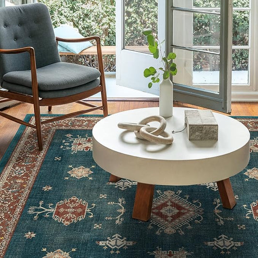 RUGGABLE Washable Vintage Area Rug – Verena Teal Blue 6x9, Stain-Resistant, Non-Slip – Medium Machine Washable Rugs for Living Room, Bedroom, Hallway, Entryway & Office–with Standard Pad