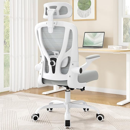 Office Chair Ergonomic Desk Chair - Mesh High Back Office Chair with Headrest Wheels Lumbar Support Home Desk Office Chairs Flip up Armrest Executive Rolling Swivel Task Computer Chair White