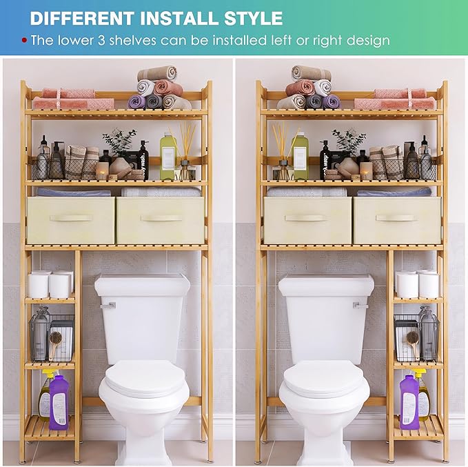 SMIBUY Over The Toilet Storage, Bamboo 6-Tier Bathroom Storage Shelf with Drawers, Freestanding Above Toilet Organizer Rack, Mass-Storage, Space Saver for Small Room (Natural)