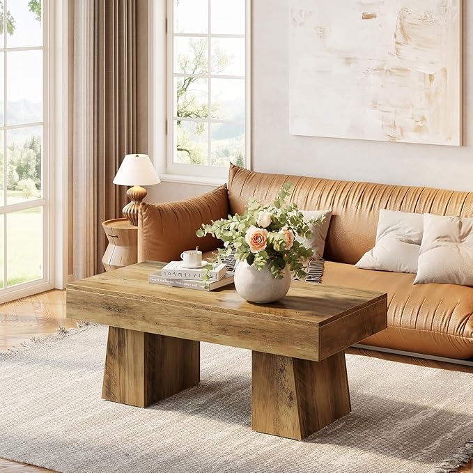 LITTLE TREE Farmhouse Coffee Table, 47 Inches Wooden Rectangular Accent Center Tables with Thick Base, Modern Low Cocktail Tea Furniture for Living Room (Rustic Brown)
