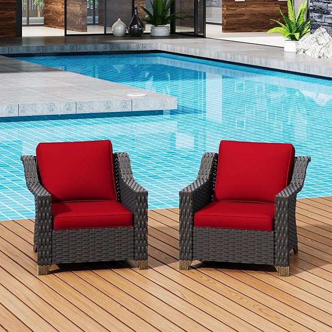 Patio 2 Pieces Wicker Chairs Set of 2,Outdoor PE Rattan Armchairs, Water-Resistant Cushions with Removable and Washable Covers, Porch, Balcony, Sunroom (Red)