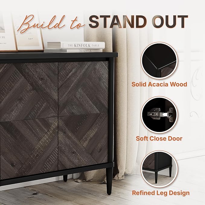 Lenia Solid Wood Storage Cabinet with Diamond Pattern Doors, Rustic Farmhouse Accent Cabinet for Living Room, or Entryway, Durable Acacia Wood, Mocha Black