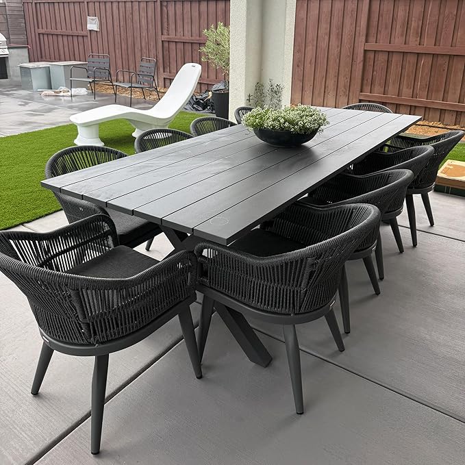 PURPLE LEAF 11 Pieces Patio Dining Set with Outdoor Aluminium Dining Table and Woven Rattan Chairs Modern Metal Furniture Cushions Sets for Garden Yard Indoor Decor Kitchen Grey