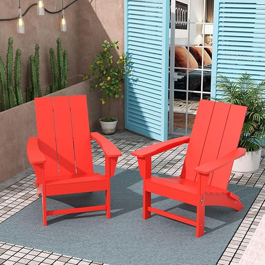 Costaelm Folding Adirondack Chairs, Outdoor Patio Adjustable Lawn Chairs, Weather Resistant Outside Firepit Chairs for Porch, Poolside, Garden, Backyard Deck, Red