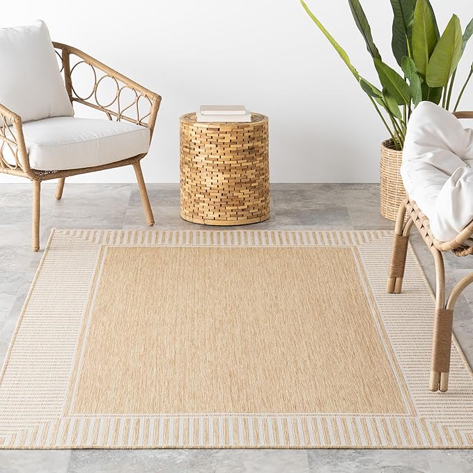 nuLOOM 8x10 Outdoor/Indoor Asha Area Rug, Tan, Casual Design with Striped Border, Stain Resistant, Highly Durable, for Patio, Balcony, Bedroom, Living Room, Dining Room, Bathroom