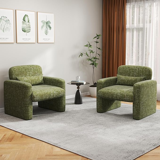 LSSPAID Modern Accent Chairs, Chenille Fabric Armchairs for Living Room, Comfy Upholstered Leisure Single Sofa Chair with Lumbar Pillow for Bedroom, Balcony, Office (Green, Set of 2)