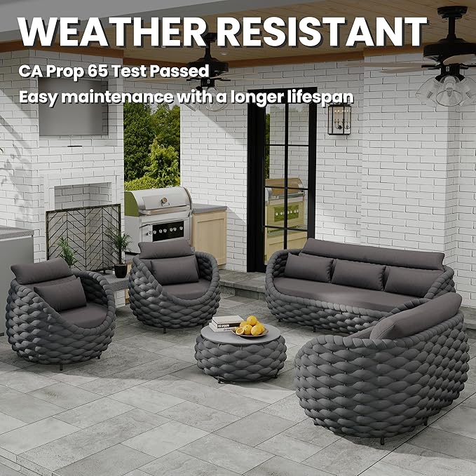 Patio Conversation Deck Furniture Sets: 6-Piece Aluminum Woven Rope Outdoor Sofa Set - Modern Cushions Couch Set - No Assembly Metal Porch Seating for Deck Yard Garden Hotel Resort, Dark Grey