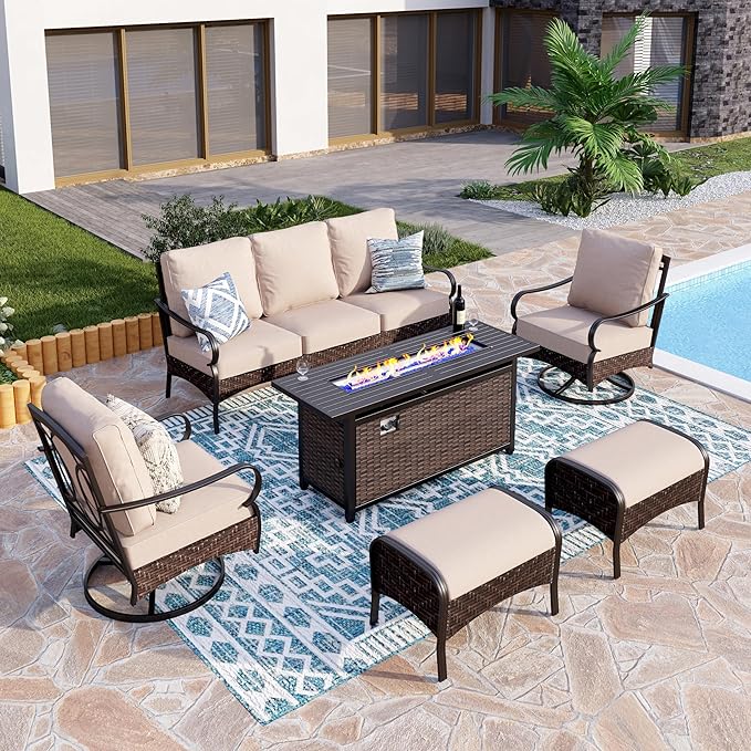 Patio Furniture Set with 56" Fire Pit Table, Premium Outdoor Wicker Metal Frame Furniture with Upgraded Waterproof Thick Cushions for Porch, Poolside, Deck, and Yard (8 Pieces,Beige)