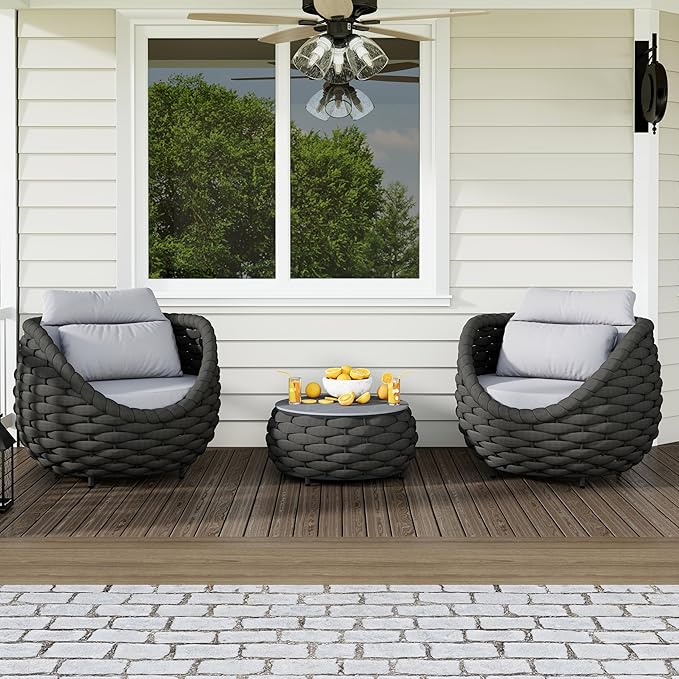 3 Pieces Woven Rope Patio Furniture Sofa Sets: Aluminum Outdoor Conversation Set of 2 - Assembled Modern Cushions Couch Armchair Table Set - All Weather for Indoor Deck Porch Pool Hotel