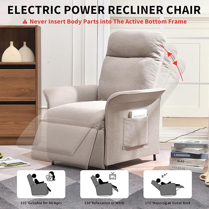 Power Recliner Chair, Adjustable Electric Recliner Chairs for Adults, Sleeper Sofa Bed with Remote Control & Side Pocket, Linen Upholstered Chair for Living Room/Bedroom, Easy Assembly,Brown
