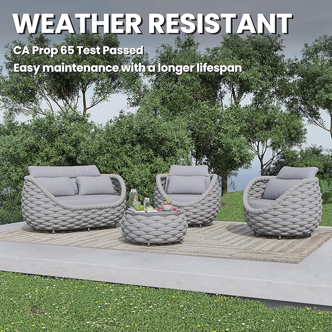 Woven Rope Patio Sofa Furniture Set of 4: Aluminum All Weather Outdoor Conversation Set, Couch Armchair and Loveseat Set with Table Cushions for Deck Porch Poolside Garden Backyard Hotel - Gray