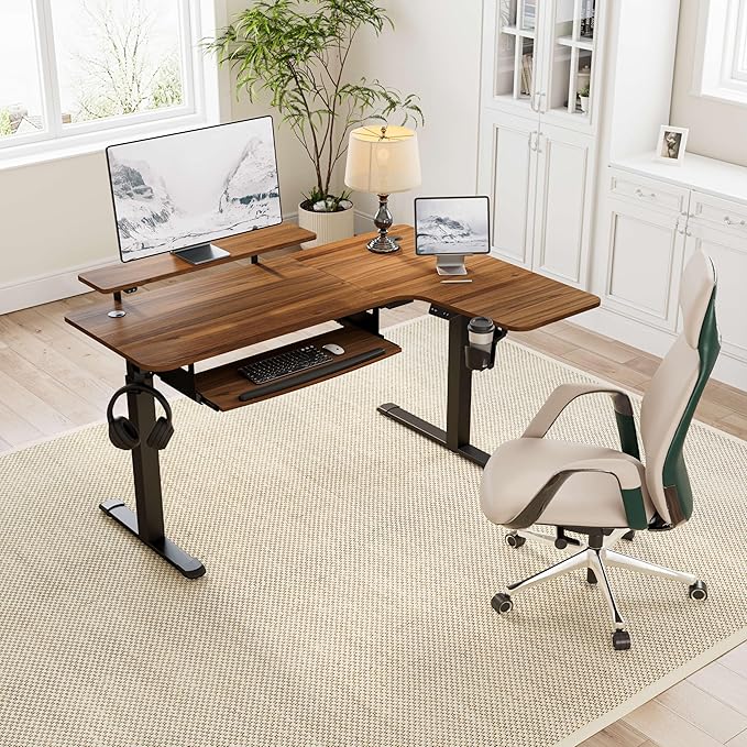 EUREKA ERGONOMIC Standing Desk Electric Adjustable Height (61"x43") Computer Desk with Keyboard Tray Sit Stand Desk L Shaped Desk for Work/Home Office,Dual Motor,Memory Presets,2 USB/RGB,Walnut/Right