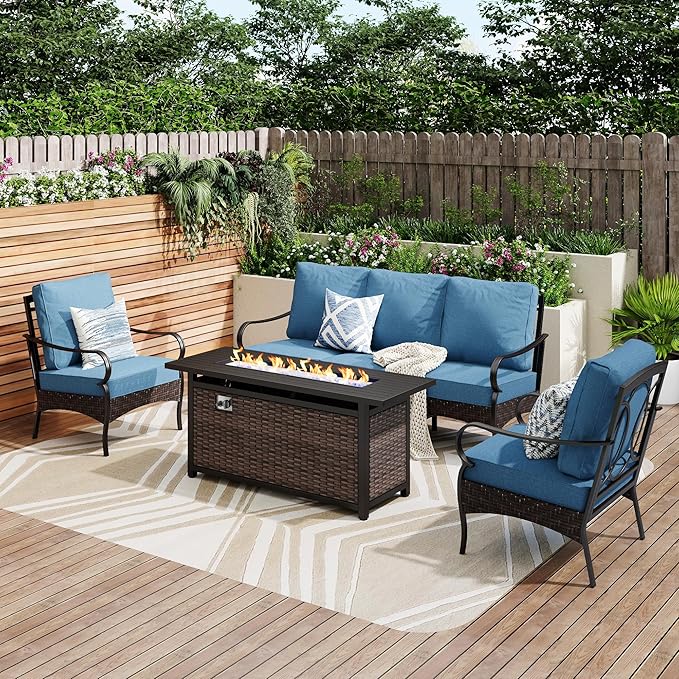 Patio Furniture Set with 56" Fire Pit Table, Premium Outdoor Wicker Metal Frame Furniture with Upgraded Waterproof Thick Cushions for Porch, Poolside, Deck, and Yard (4 Pieces,Navy