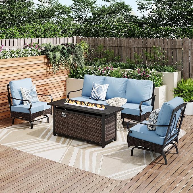Patio Furniture Set with 56" Fire Pit Table, Premium Outdoor Wicker Metal Frame Furniture with Upgraded Waterproof Thick Cushions for Porch, Poolside, Deck, and Yard (4 Pieces,Blue)