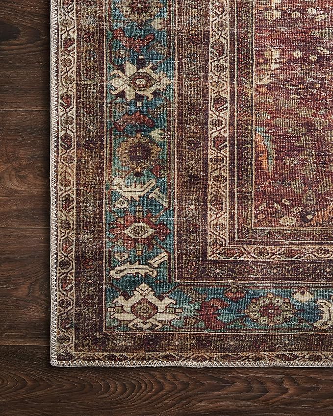 Loloi Layla Collection LAY-01 Brick/Blue 2'-6" x 12'-0" .13" Thick Runner Rug, Soft, Durable, Vintage Inspired, Distressed, Low Pile, Non-Shedding, Easy Clean, Printed, Living Room Rug