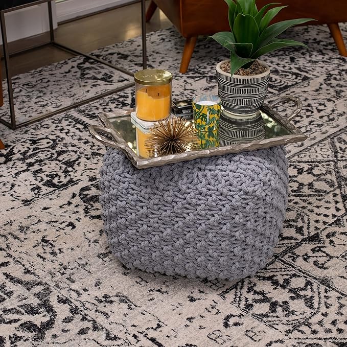 BIRDROCK HOME Square Pouf Ottoman | Cotton Braided Foot Stool with Bean Bag Filling | Boho Foot Rest for Living Room, Bedroom | Compact & Comfortable Seating, Lightweight & Sturdy | Grey