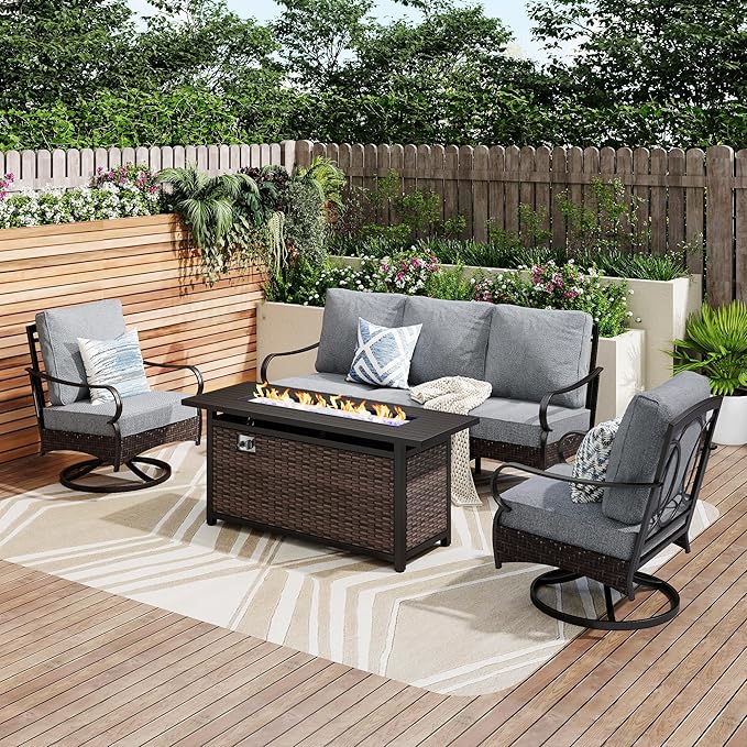 PHI VILLA Patio Furniture Set with 56" Fire Pit Table, Premium Outdoor Wicker Metal Frame Furniture with Upgraded Waterproof Thick Cushions for Porch, Poolside, Deck, and Yard (4 Pieces, Grey