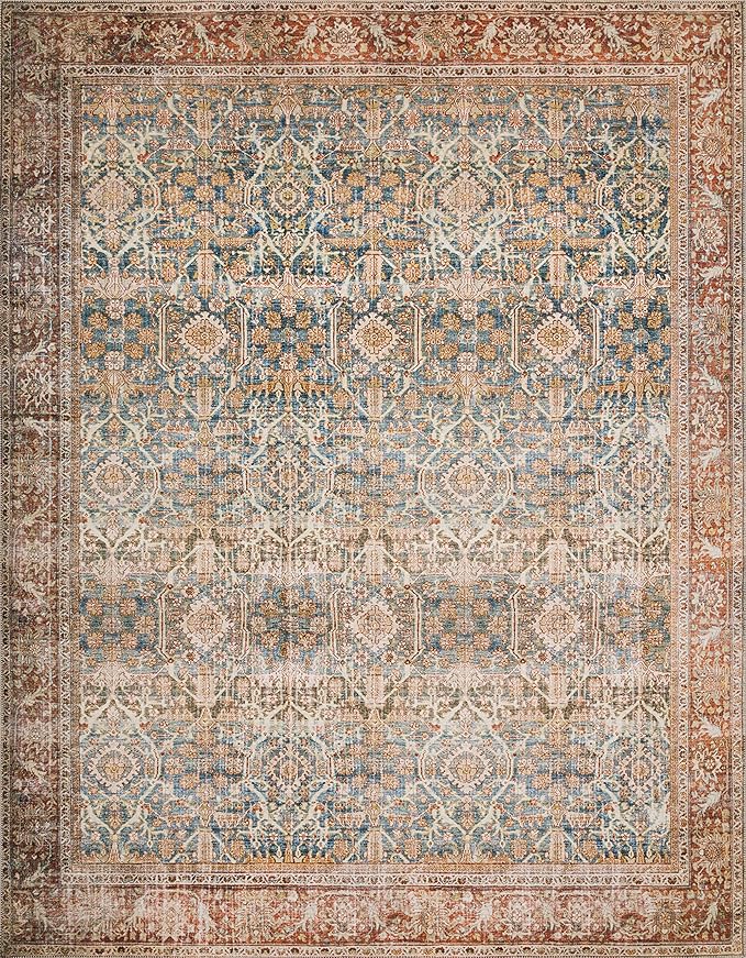 Loloi Layla Collection LAY-04 Ocean/Rust 2'-3" x 3'-9" .13" Thick Accent Rug, Soft, Durable, Vintage Inspired, Distressed, Low Pile, Non-Shedding, Easy Clean, Printed, Living Room Rug